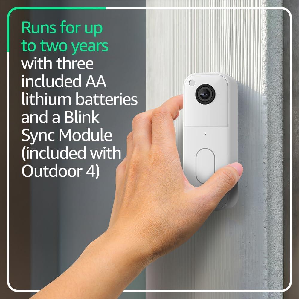 imageAllnew Blink Video Doorbell  Outdoor 4  Wireless smart security cameras headtotoe HD view twoyear battery life Sync Module Core included  3 camera system  Video DoorbellDoorbell White
