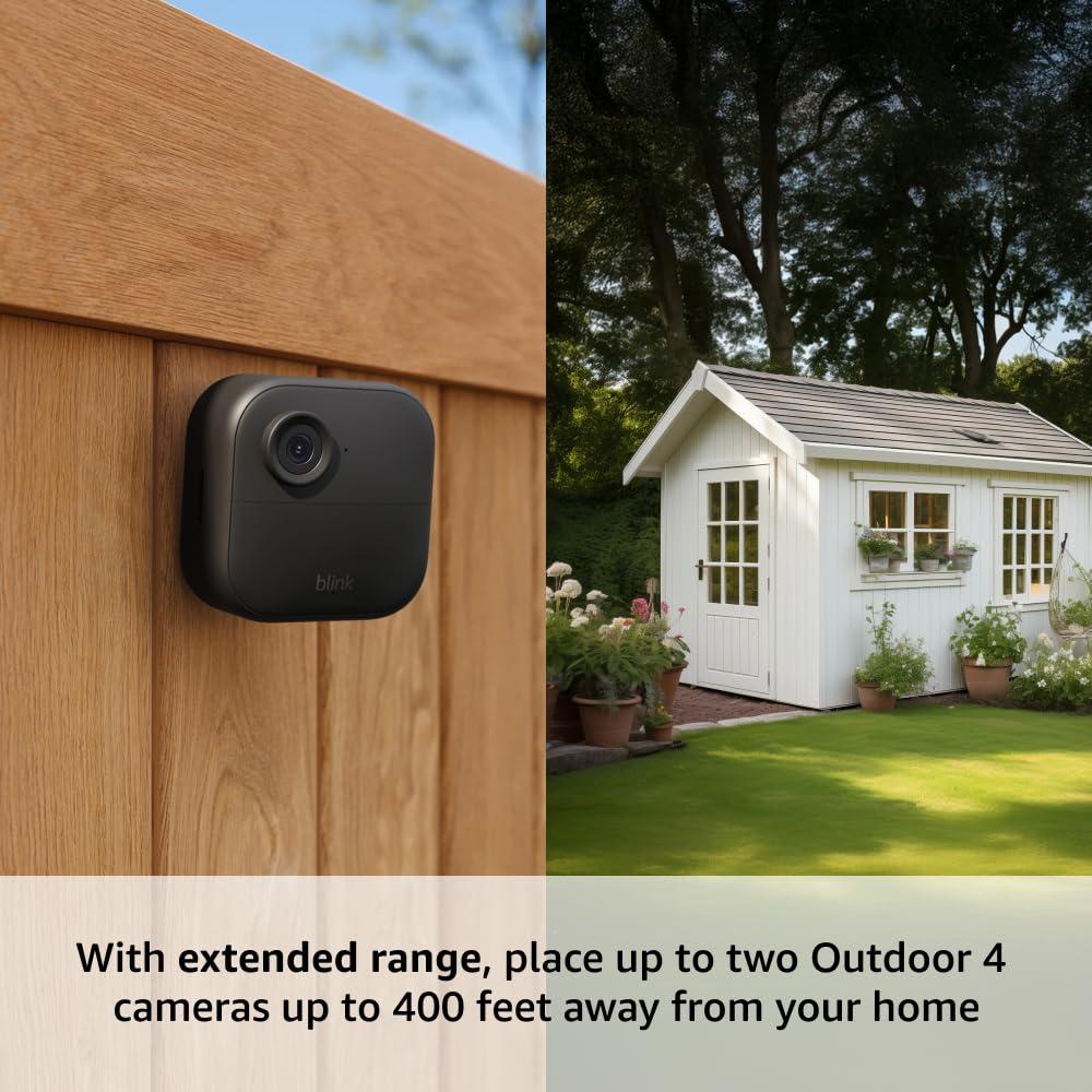 imageBlink Outdoor 4 XR newest model  twoyear battery wireless camera with 4x security coverage 1000 ft openair range or 400 ft with typical use  1 camera systemSync Module XR  Outdoor 4