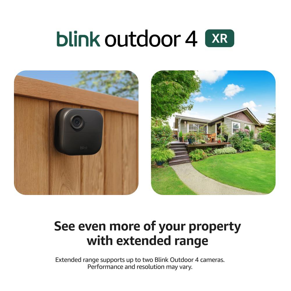 imageBlink Outdoor 4 XR newest model  twoyear battery wireless camera with 4x security coverage 1000 ft openair range or 400 ft with typical use  1 camera systemSync Module XR  Outdoor 4